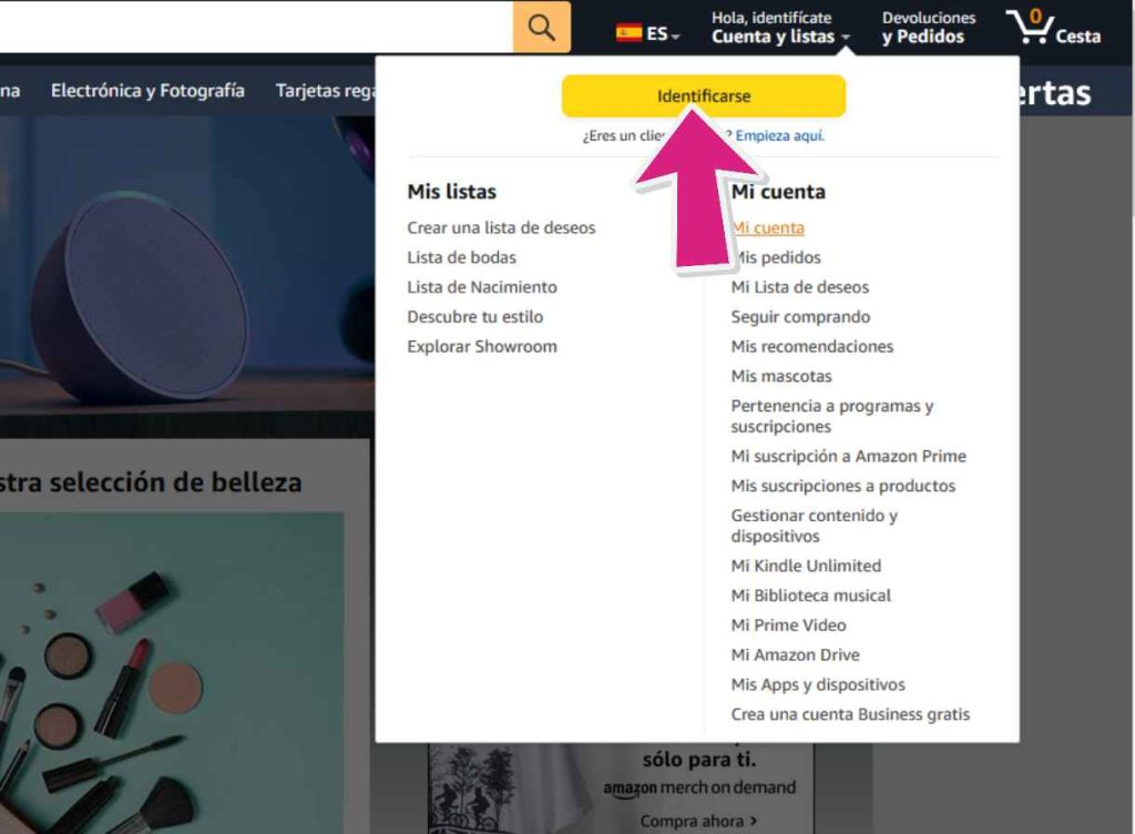 Pantalla para crear cuenta en la web de Amazon España