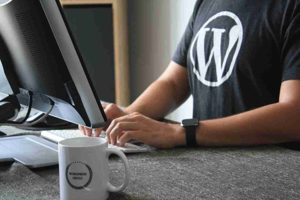 Un blogero con una camiseta de wordpress escribiendo en su blog